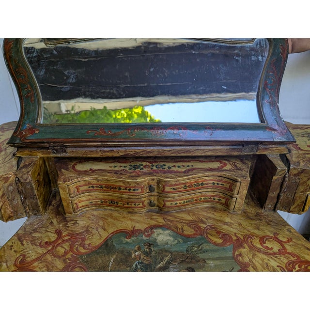 Antique Venetian Style Lacquered Wood Vanity Table and Desk With Folding Storage Wings and Mirror For Sale - Image 18 of 18