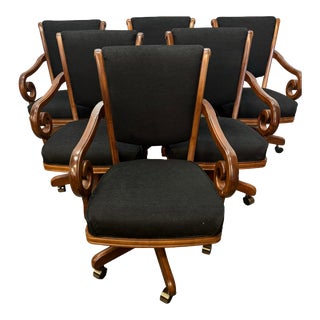 Vintage Traditional American Style Mahogany Finish Upholstered Game Table Dining Chairs - Set of 6 For Sale