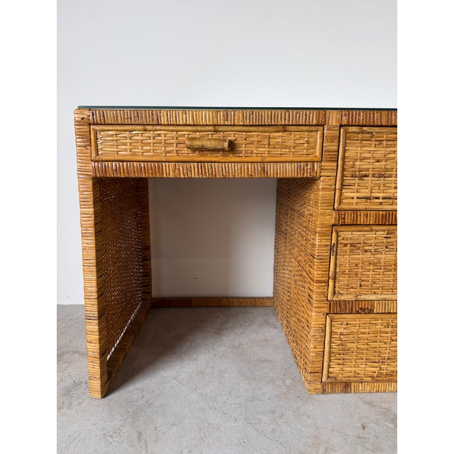 Boho Chic 1970's Vintage Boho Coastal Wrapped Rattan Writing Desk For Sale - Image 3 of 18