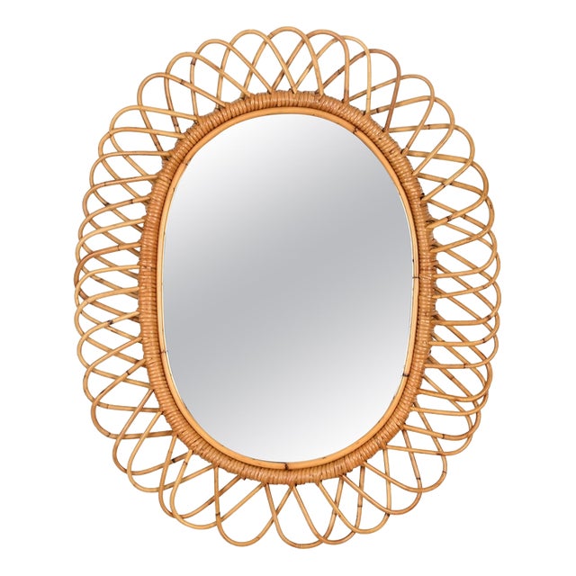 Large Oval Mirror in Bamboo, Rattan and Wicker by Franco Albini, Italy, 1970s For Sale