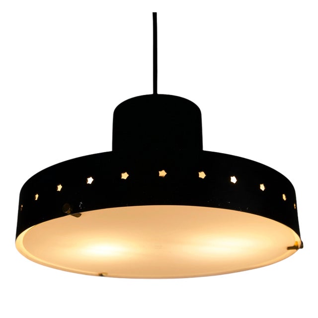 Black Metal and Opaline Glass Pendant Lamp attributed to Stilnovo, Italy, 1960s For Sale