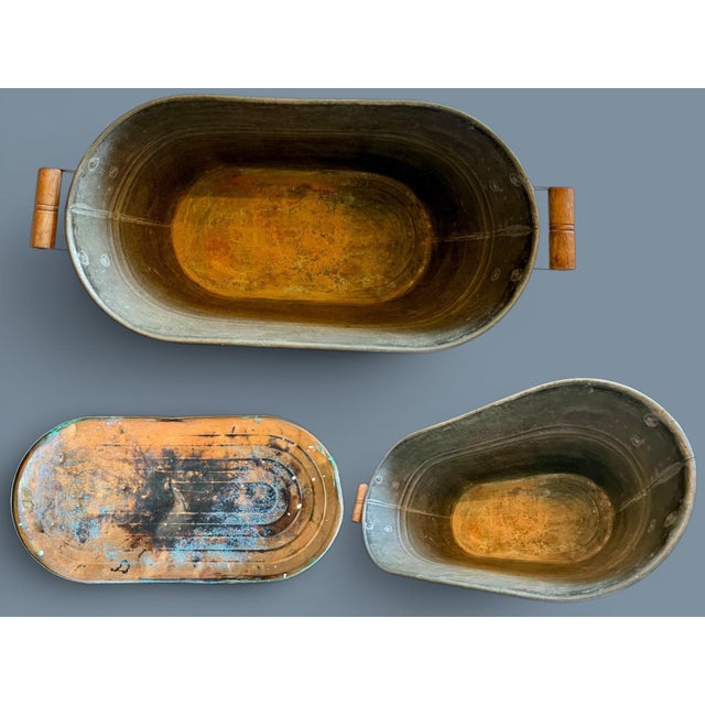 Copper Antique Copper Boiler Wash Tub-Wood Handles-Primitive Farmhouse-Bin-Planter For Sale - Image 8 of 11
