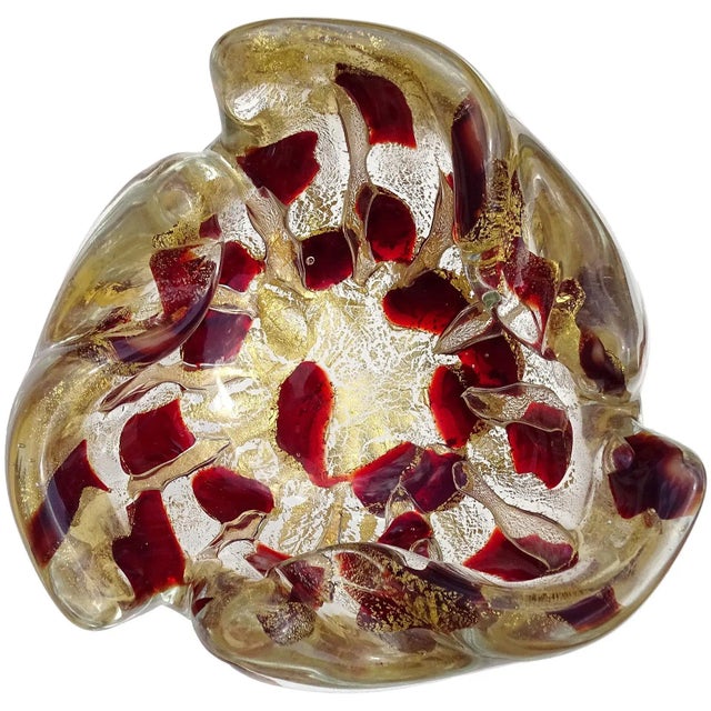 Vintage Murano Barovier Toso Red Spots Gold Flecks Italian Art Glass Mid Century Bowl Ashtray For Sale In Orlando - Image 6 of 6