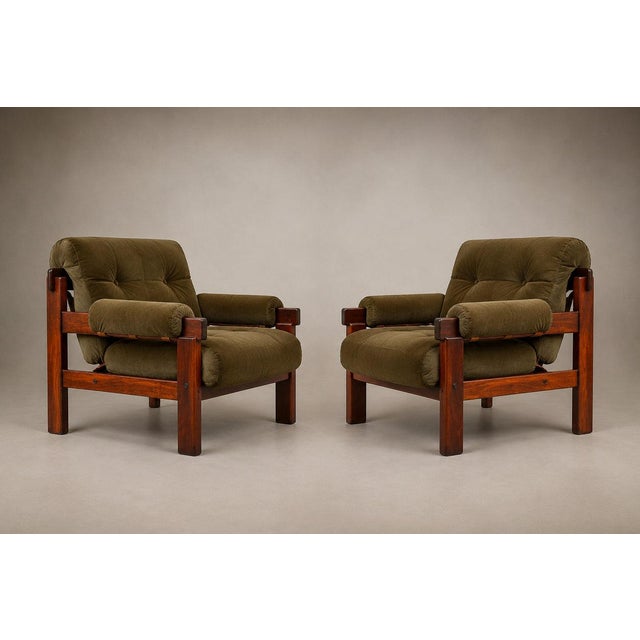 1960s Pair of “Copa” Armchairs in Jatobá and Olive-Green Mohair by Jean Gillon for Italma, Brazil, 1960s For Sale - Image 5 of 18