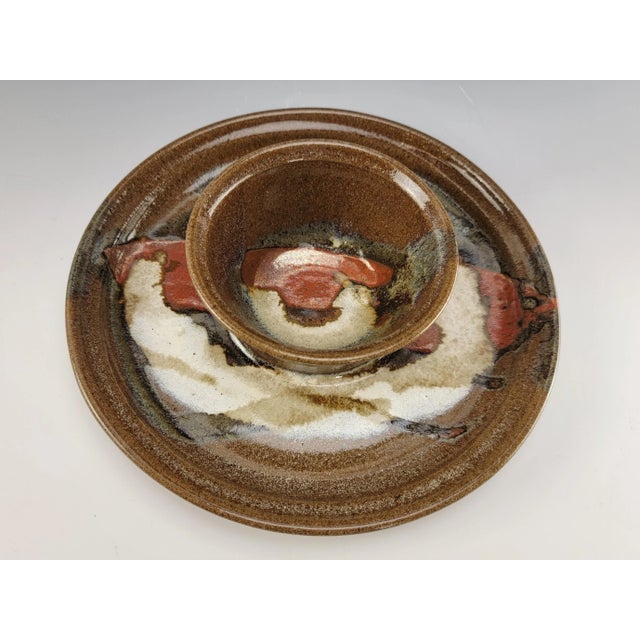 1980s Studio Art Stoneware Pottery Chip and Dip Serving Tray, Signed For Sale - Image 4 of 10