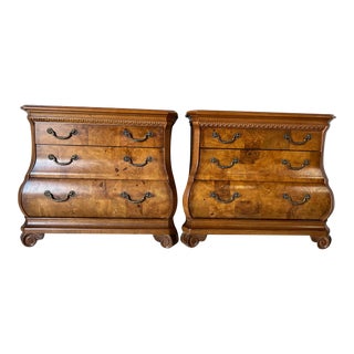 Pulaski Burl Wood Three- Drawers Bombe Nightstands - a Pair For Sale