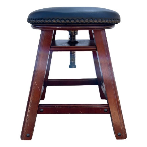 Vintage Adjustable Wood Piano Stool With Black Leather Swivel Seat For Sale