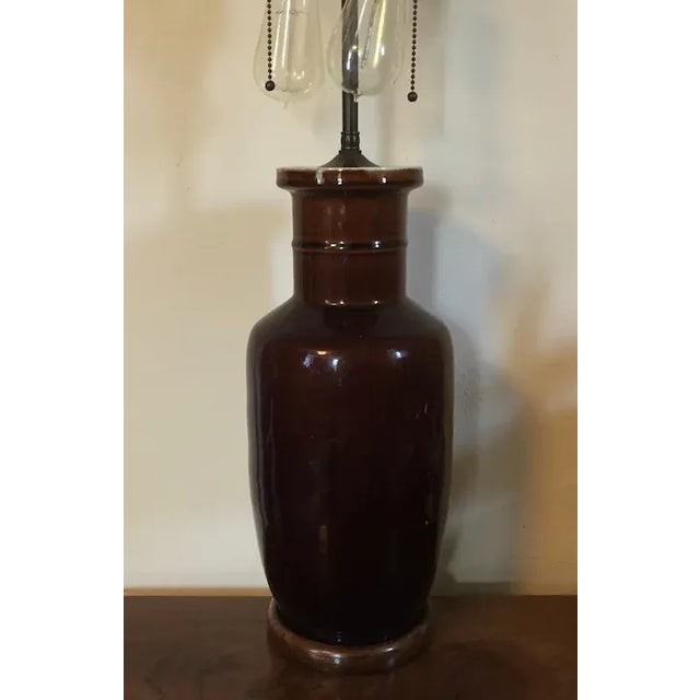 Early 20th Century Antique Chinese Brown Porcelain Rouleau Shape Vase Table Lamp For Sale - Image 10 of 13