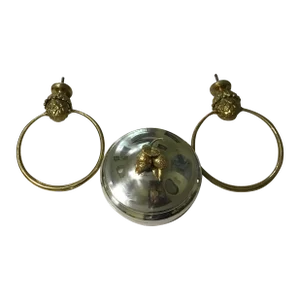 Mid 20th Century French Style Brass Acorn Towel Ring Holder & Silver Plate Powder Dish / Lid Set 3