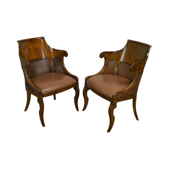 Regency Style Pair Leather Seat Cane Back Tub Chairs Chairish