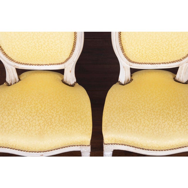 Antique French Louis XVI Painted Dining Chairs W/ Yellow Silk Set of