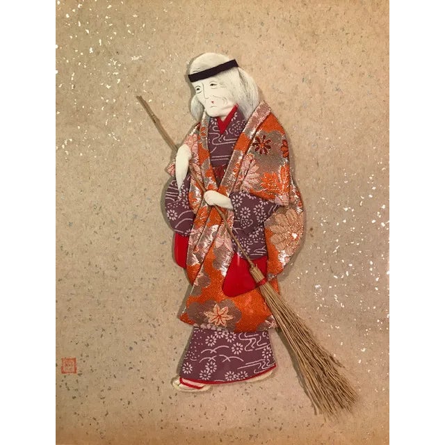 Mixed media of hand-painted face, silk robes and wood/stick elements make it a rare and unusual piece of art. Original...