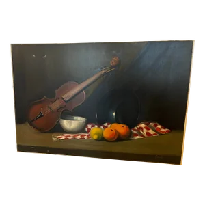 Vintage Still Life Painting on Canvas, Fruit and Violin, Unframed