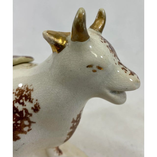 Ivory Antique Sponge-Ware Staffordshire Cow Creamer Figurine in Ivory Color Made in England - Circa 1860’s For Sale - Image 8 of 10