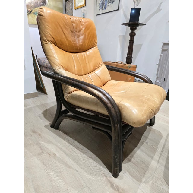 Set of Vintage Camel Leather Lounge Chair and Ottoman with Wooden Frames, 1970s For Sale - Image 11 of 12