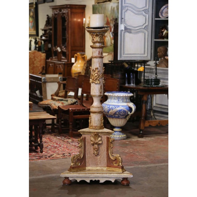 Beige Mid-19th Century Italian Carved Polychrome and Gilt Candle Holder Floor Lamp For Sale - Image 8 of 8