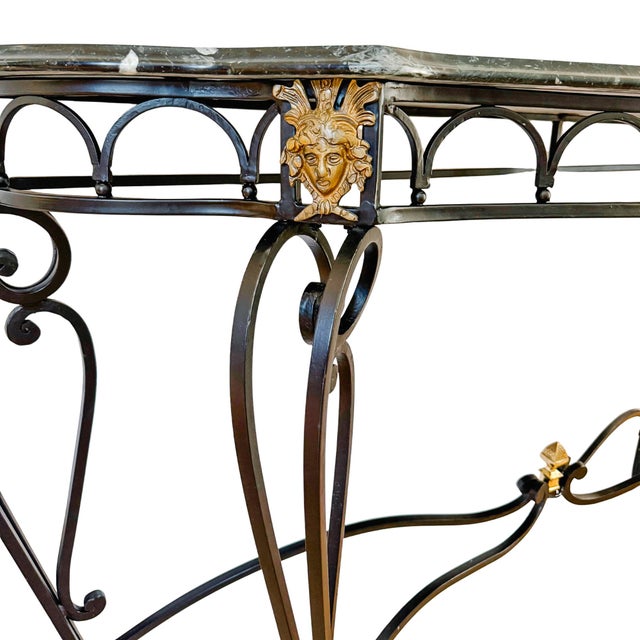 Metal French Empire Style Wrought Iron & Black Marble Serpentine Console Table For Sale - Image 7 of 11