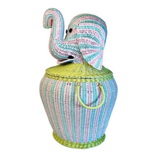 1997 Vintage Boho Chic Coastal Cabana Striped Wicker Elephant Basket Hamper, Signed Jen Lee For Sale