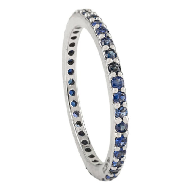 14k White Gold Round Blue Sapphire Eternity Band Ring Size 5.5 Dainty Fine Jewelry For Sale