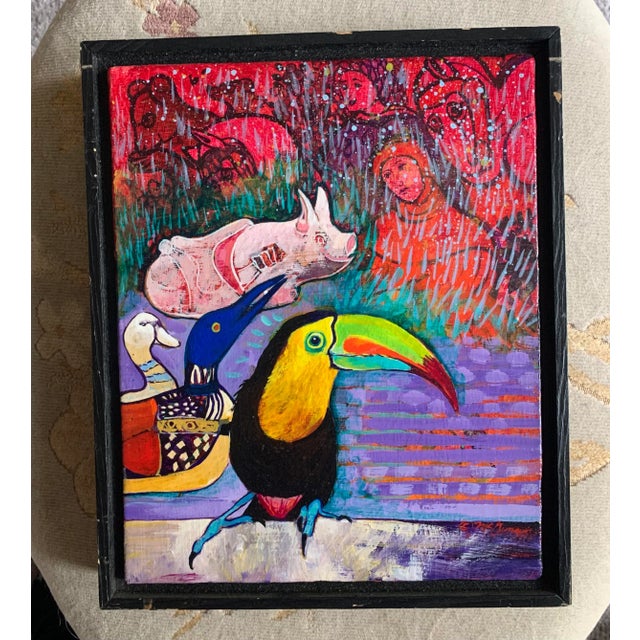 1980s “Piggy and Her Friends” Surrealist Animal Oil Painting by Christine McGinnis, Framed For Sale In Philadelphia - Image 6 of 6