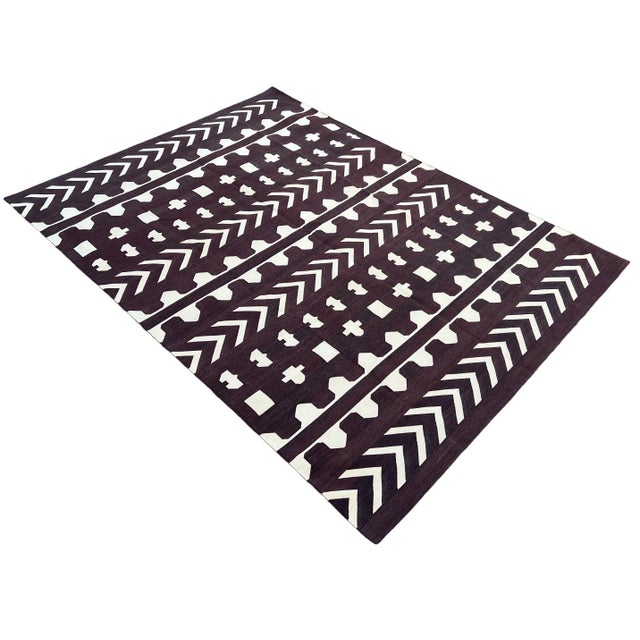 Mid-Century Modern Handmade Cotton Area Rug, Natural Vegetable Dyed, Brown & Cream Geometric Dhurrie-9'x12' For Sale - Image 3 of 11