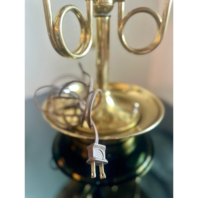 Vintage Solid Brass French Horn Bouillotte Lamp | 3-Arm Candelabra, Original Shade For Sale - Image 12 of 12