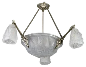Art Deco Frosted Glass and Bronze Six-Light Chandelier from Verrerie D'Art Degué, 1920s