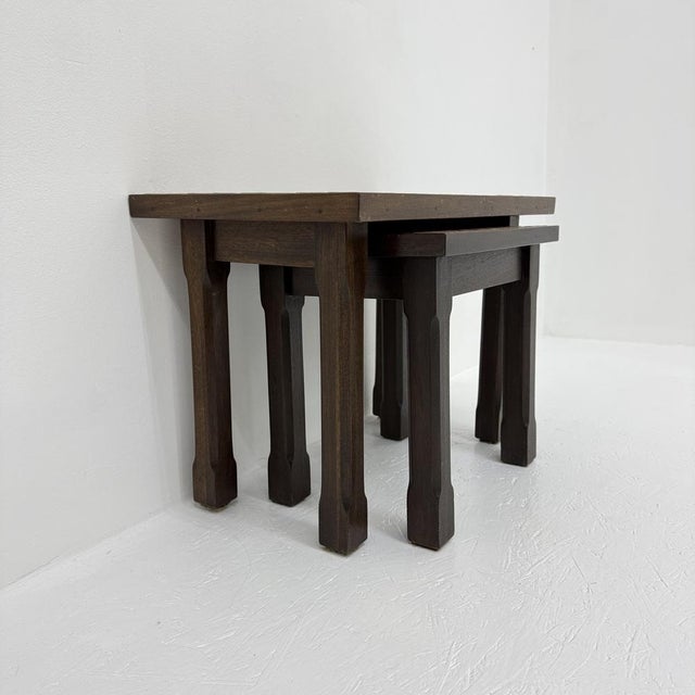 Brown Vintage Brutalist Nesting Tables in Oak with Tile Top, 1970s, Set of 2 For Sale - Image 8 of 18
