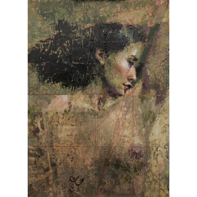 Memory by Lisa Fricker | Oil on collage on board depicting a woman's profile. For Sale