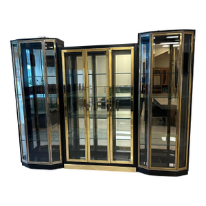 1980s Henredon Black Lacquered and Brass Display Cabinet Set