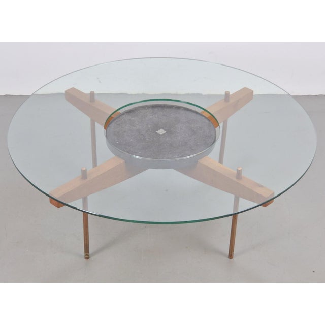 Round Glass Coffee Table with Wood X-Base, 1970 For Sale - Image 10 of 17