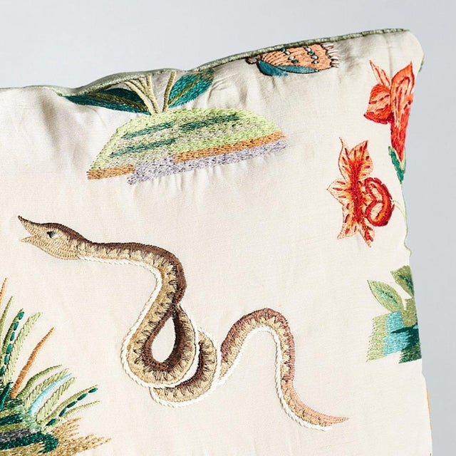 English Schumacher Royal Silk Embroidery 14" Pillow in Light Green For Sale - Image 3 of 4