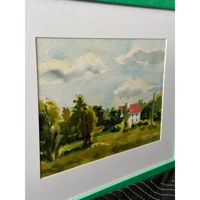 Paint Late 20th Century Three Vintage Watercolors of Homes Among Trees in New Modern Green Glazed Frames For Sale - Image 7 of 10