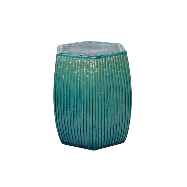 Chinese Hexagon Bamboo Theme Turquoise Green Ceramic Clay Garden Stool For Sale - Image 4 of 6