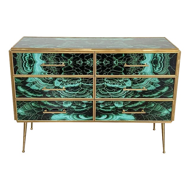 Wooden Dresser in Malachite Glass with Six Drawers, 1980s For Sale