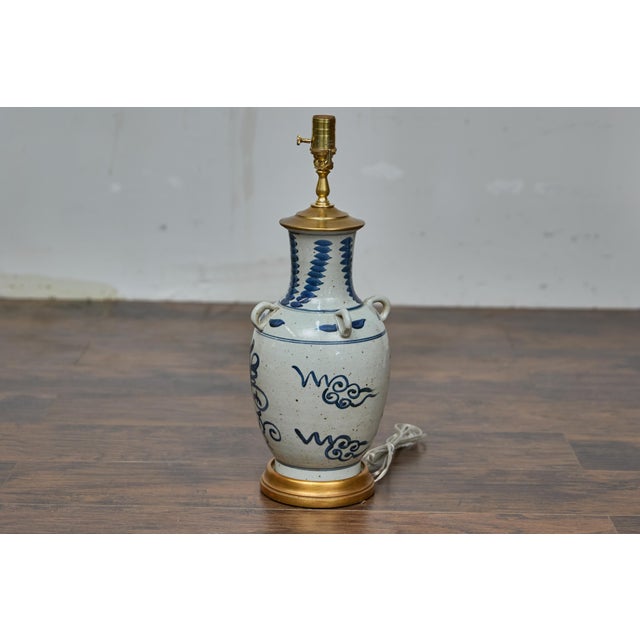 Asian Asian Porcelain Vessel Table Lamp with Cobalt Brushwork and Gilded Base For Sale - Image 3 of 9