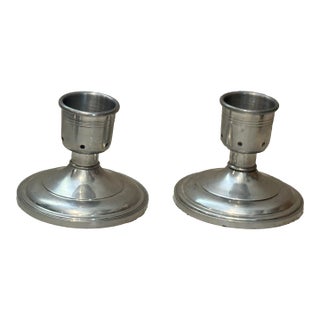 Pair of Josten's Pewter Candleholders Made in England Star Engraved For Sale
