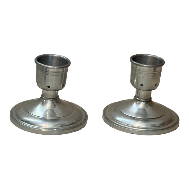 Pair of Josten's Pewter Candleholders Made in England Star Engraved For Sale