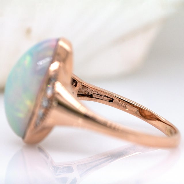 Metal 7.11cts Ethiopian Opal W Natural Diamond Accents Ring in 14k Solid Gold |17x13mm For Sale - Image 7 of 7