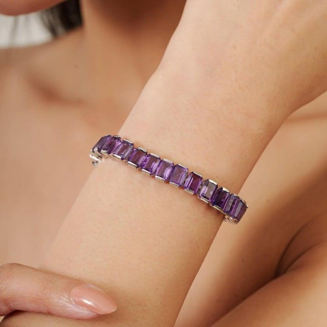 Bochic Natural Amethyst Step-Cut Tennis Bracelet in Solid Silver for Her For Sale - Image 6 of 11