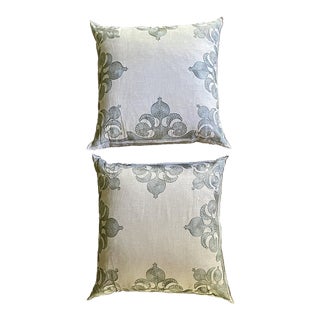 Contemporary Large Embroidered Linen Pillows- a Pair For Sale