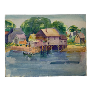 1930s Landscape Watercolor Paintings, Double-Sided Mountains and Pier Docks