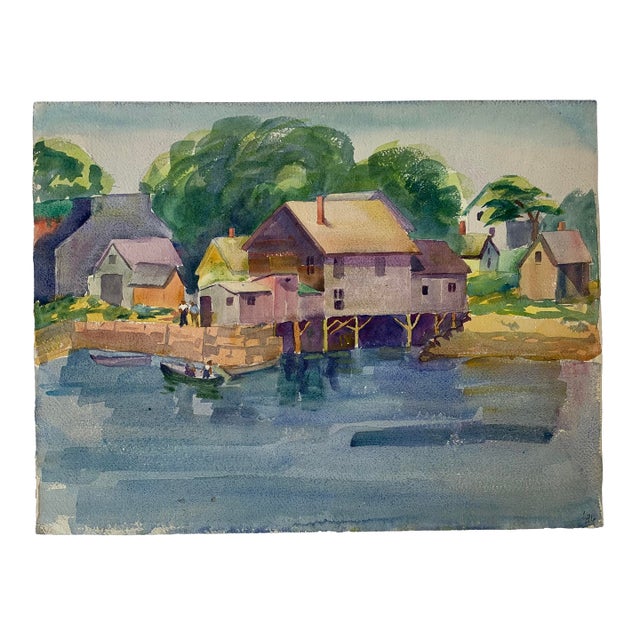 1930s Landscape Watercolor Paintings, Two-Sided Pier Docks and Mountains For Sale
