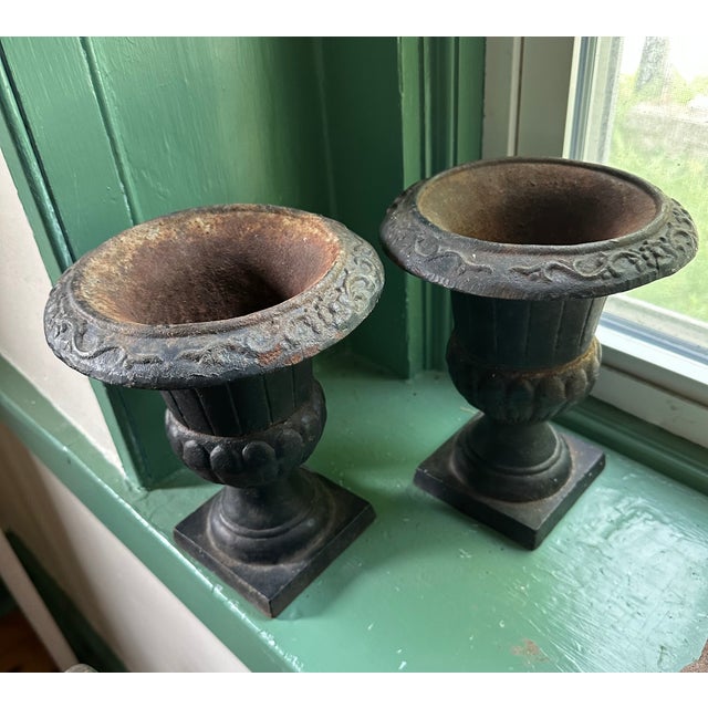 Vintage Small Cast Iron Tabletop Urns - A Pair For Sale - Image 4 of 10