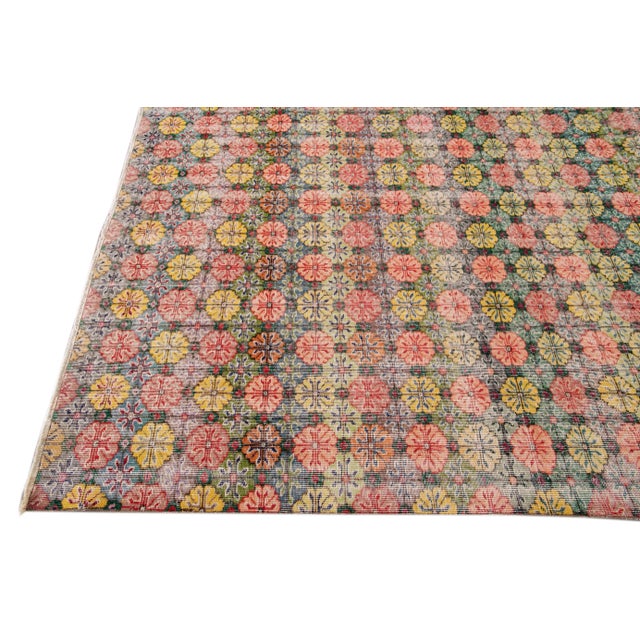 Art Deco Vintage Turkish Art Deco Handmade Pink and Yellow Floral Wool Rug For Sale - Image 3 of 8