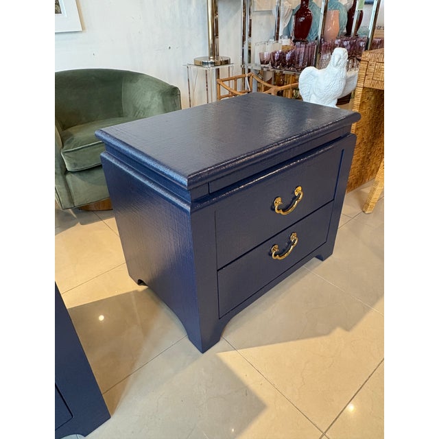 Hollywood Regency Vintage Pair Harrison Van Horn Grasscloth Navy Blue Pagoda Night Stands Chests For Sale - Image 3 of 11