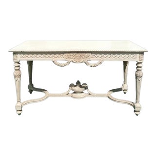Vintage Off White Carved Urn Rose Louis Xvi, French Style Coastal Large Console Table For Sale