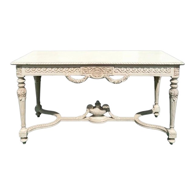 Vintage Off White Carved Urn Rose Louis Xvi, French Style Coastal Large Console Table For Sale