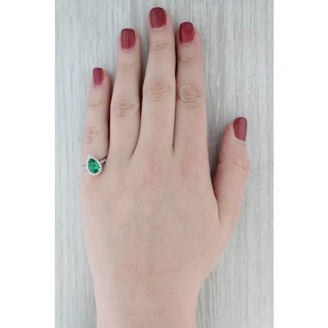 1.32ctw Emerald Diamond Halo Teardrop Ring 14k White Gold Size 6.5 Engagement For Sale - Image 9 of 9