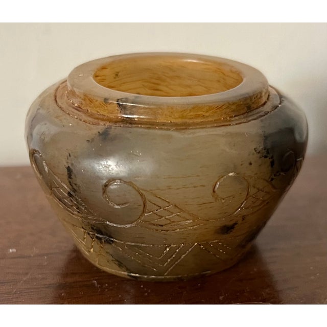 Late 19th Century Antique 19th Century Chinese Carved Mottled Brown Jade Scholar's Desk Object - Small Vase or Pot For Sale - Image 5 of 17